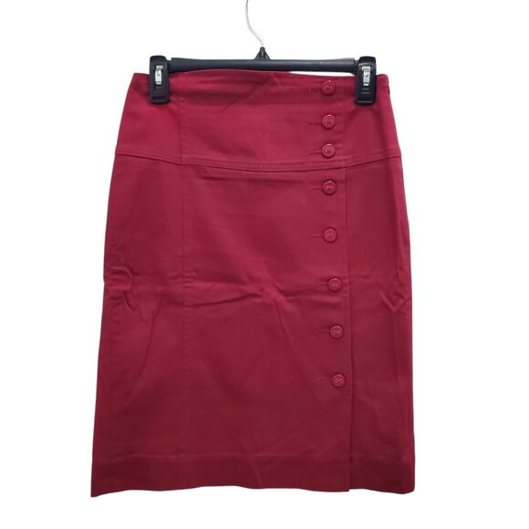 Anthropologie | Elevenses Faux Button Burgundy High Waist Fitted Pencil Skirt 0‎ - Picture 1 of 6